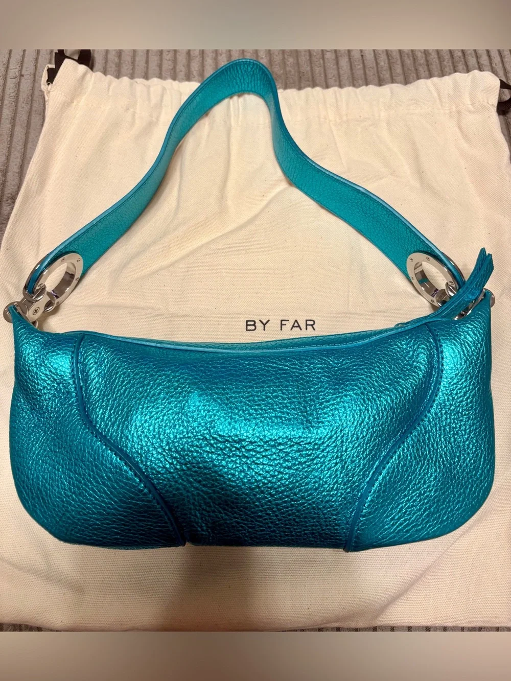 BY FAR Mini Amira Aqua Metallic Leather Shoulder Bag